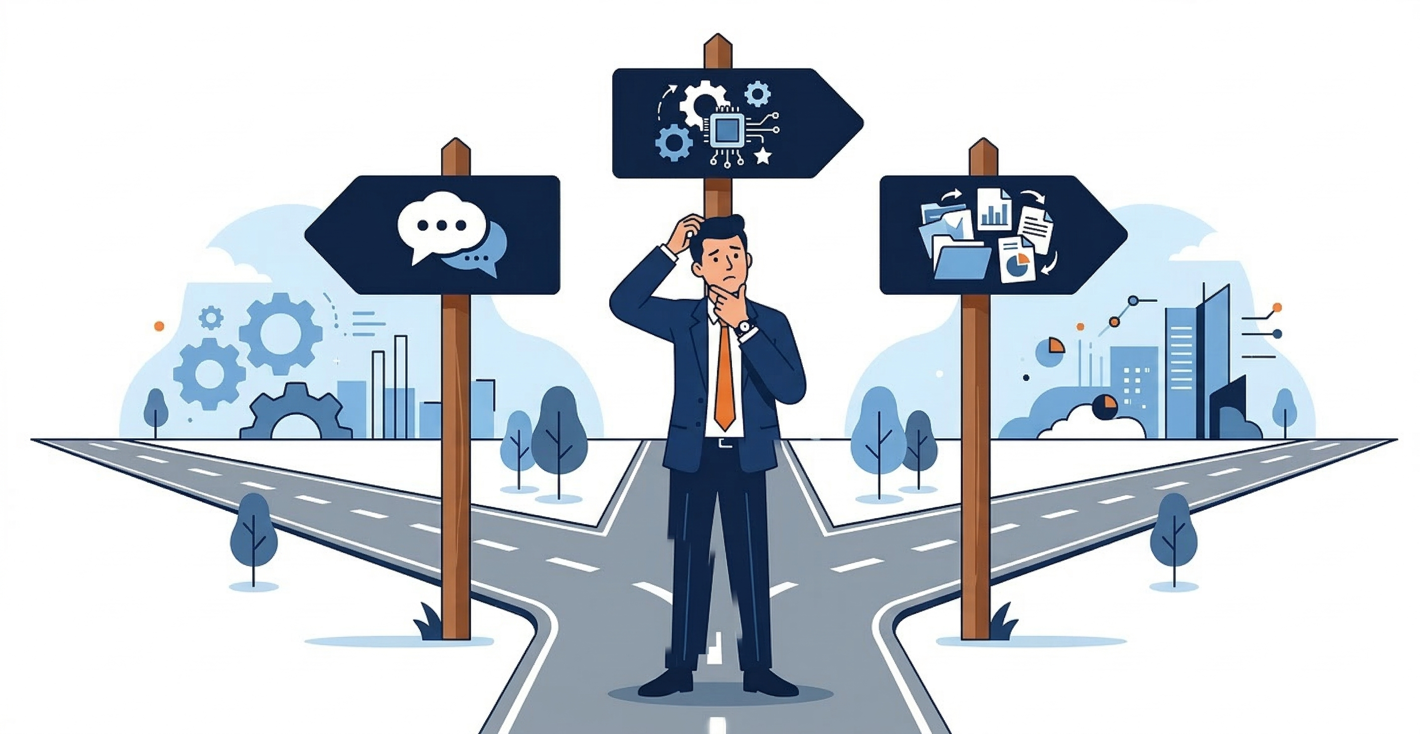 A businessman hesitating at a crossroads with signs pointing to different technology directions