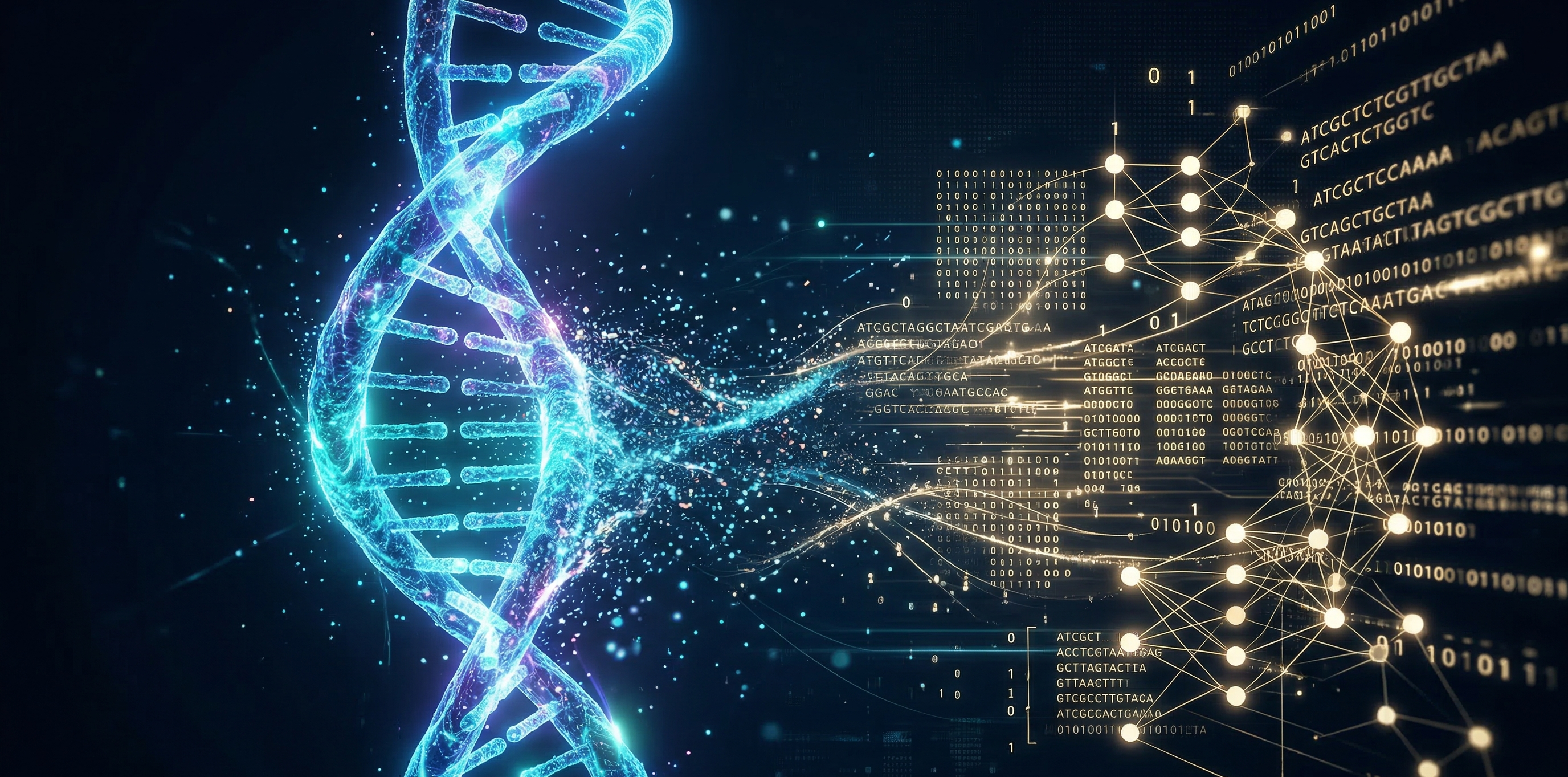 Blue-lit DNA double helix merging with a digital neural network, symbolising AI applied to genomics