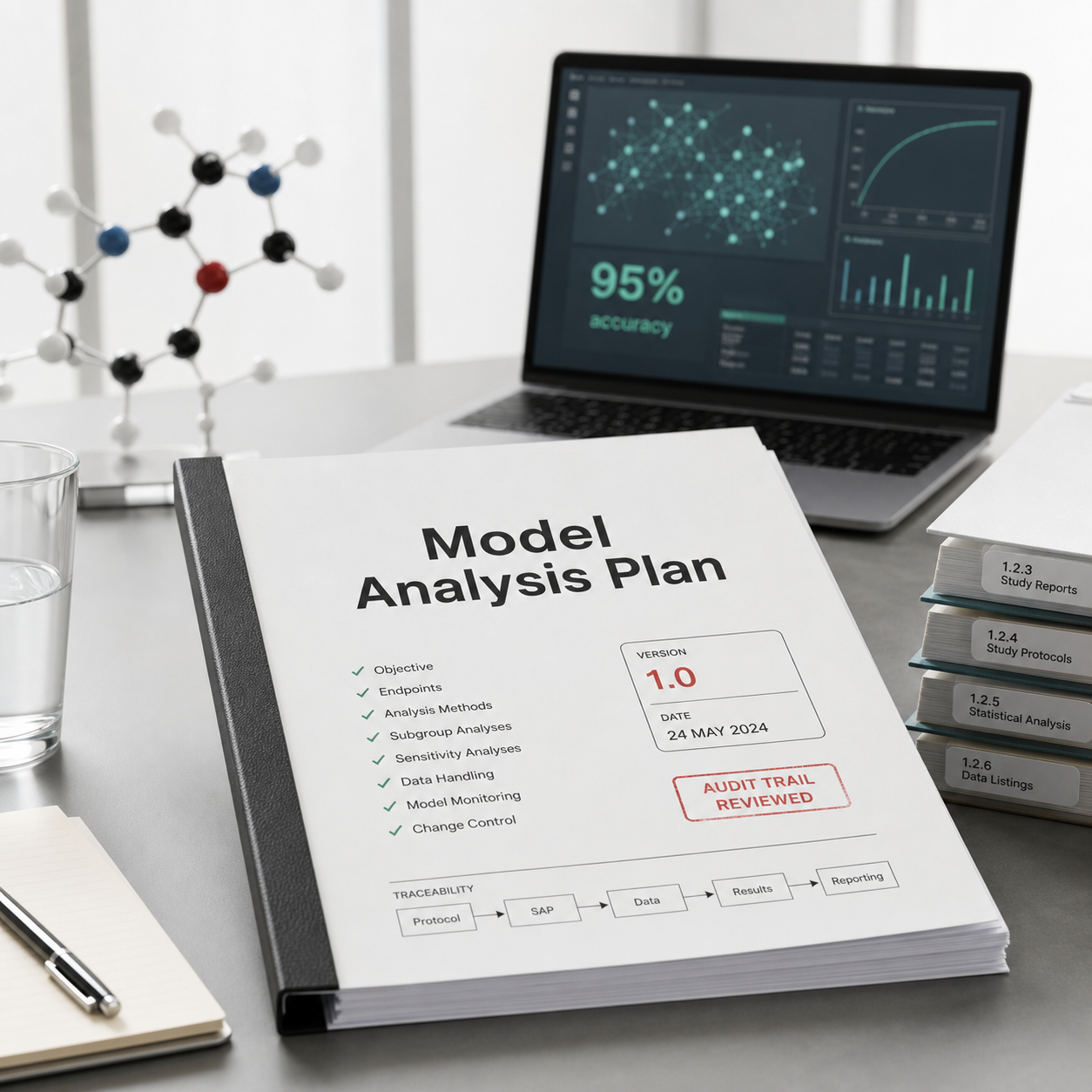 A printed and bound Model Analysis Plan v1.0 with an Audit Trail Reviewed stamp, sitting on a desk next to a laptop showing 95% accuracy and a 3D molecular model — illustrating regulatory traceability of AI models in pharma