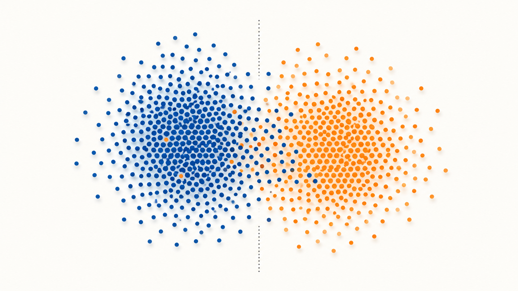 Deux nuages de points bleu et orange séparés par une frontière pointillée — illustration d'un re-clustering self-supervised qui révèle une structure intrinsèque distincte des labels temporels imposés
