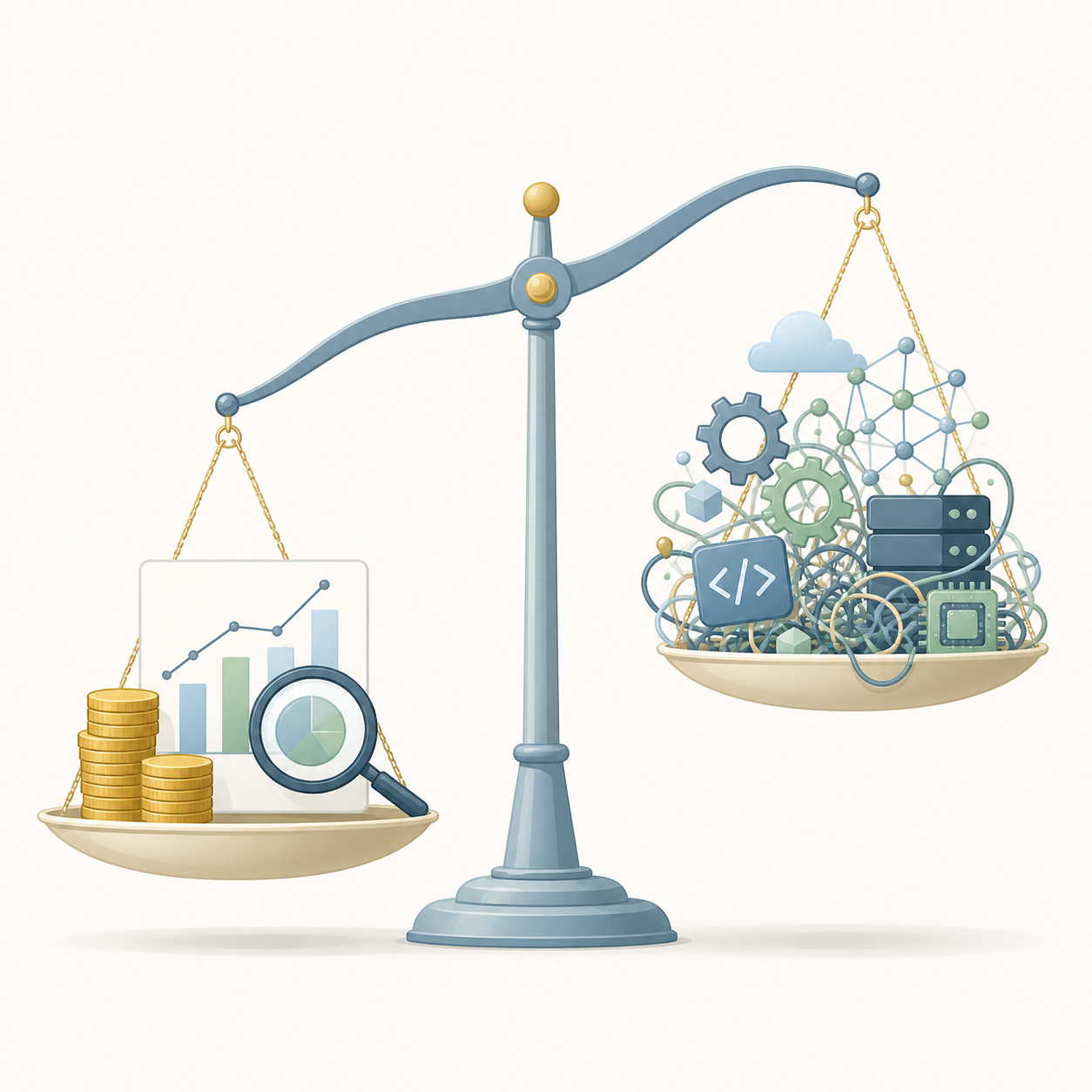 An unbalanced scale with coins, a growth chart, and an analysis magnifier on one side, and a tangle of technical components — gears, code, server, neural network — on the other, illustrating the choice between ROI-first and Tech-first approaches in AI projects