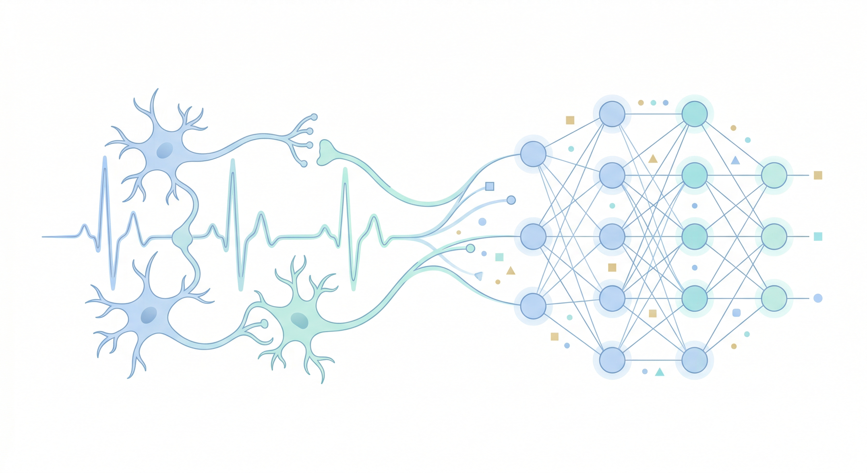 Neurons and electrical signals connected to an artificial neural network, illustrating AI-powered spike sorting